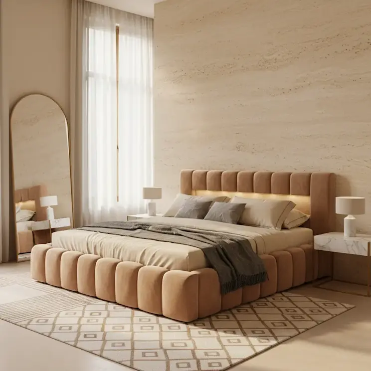 Tapicerowane łóżko Lamica 160x200 w tkaninie Monolith 09 w eleganckiej sypialni w odcieniach beżu. Łóżko posiada wysokie zagłowie z pionowymi przeszyciami i subtelnym podświetleniem LED, a wnętrze uzupełniają stoliki nocne i duże lustro.