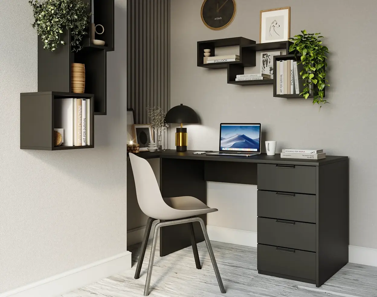 Półka Alitty w nowoczesnym kąciku do pracy, zawieszona nad biurkiem, ozdobiona książkami, dekoracjami i rośliną w eleganckim wnętrzu.