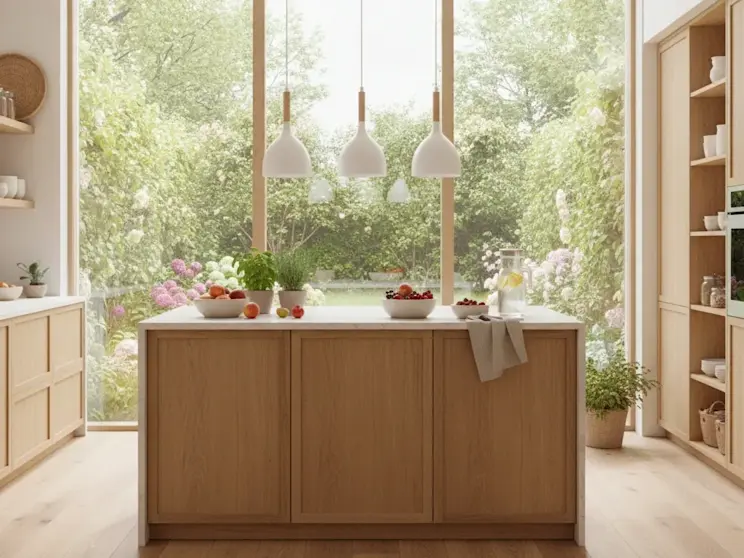 Nowoczesna kuchnia z wyspą wyposażona w lampę wiszącą Woldes w kolorze białym. Trzy eleganckie klosze zapewniają równomierne oświetlenie blatu roboczego, podkreślając przytulny charakter wnętrza inspirowanego stylem skandynawskim.