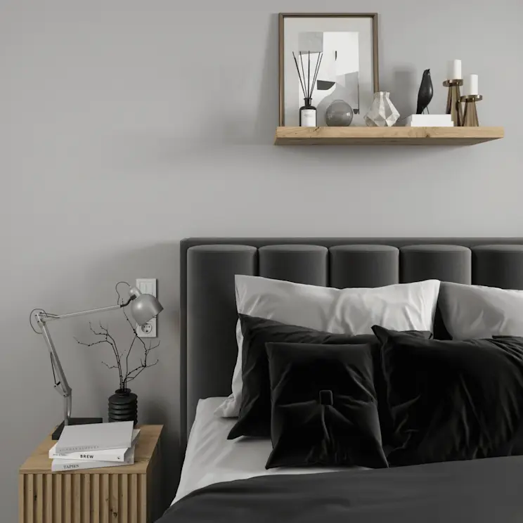 Półka Gariss WS-GAR-OA-POL80, stolik nocny Entsian SF-ENT-A-STN40, łóżko Veros BO-VER-99SOL [pomieszczenie MAŁE 824:772] 