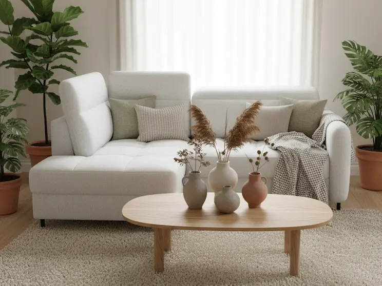 Mały salon w bloku, a w nim jasny narożnik Barea Royal 01 w przytulnym wnętrzu z naturalnym światłem, roślinami doniczkowymi i dodatkami w beżach i zieleni.