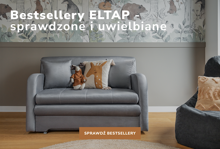 Sofa Ario w szarym obiciu z poduszkami dekoracyjnymi w dziecięcym pokoju – baner ELTAP Bestsellery sprawdzone i uwielbiane