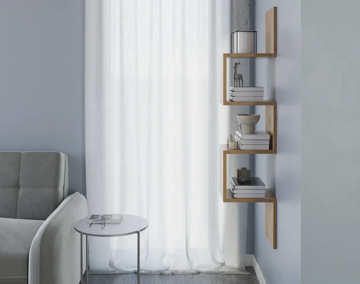 Nowoczesna półka Sunpedo – zygzak na ścianę, drewniana forma z książkami i dodatkami.