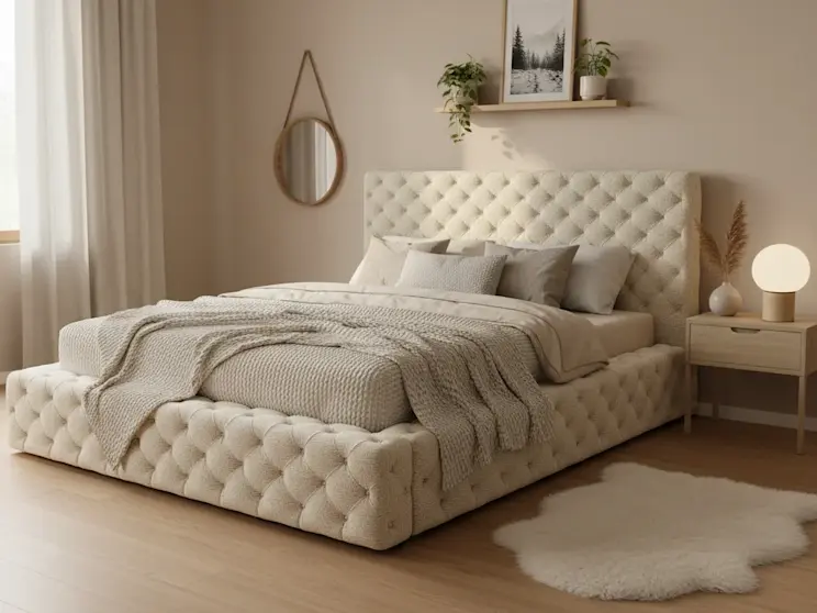 Kremowe łóżko tapicerowane Princce w tkaninie Royal 18, zaprezentowane w jasnej, przytulnej sypialni z naturalnymi dodatkami.