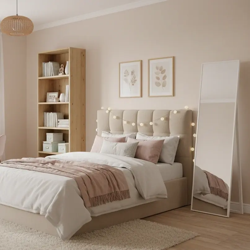 Lustro Verona i regał Seilf w jasnej, przytulnej sypialni z beżową pościelą, pastelowymi dodatkami i naturalnymi drewnianymi meblami.