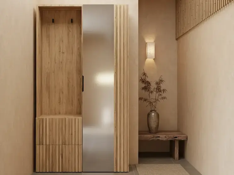 Nowoczesna garderoba Vimeiro w dekorze naturalnego drewna z frontem z lustrem, ustawiona w eleganckim przedpokoju. Pionowe lamele, szafka i wieszak tworzą spójną i funkcjonalną przestrzeń do przechowywania odzieży i dodatków.
