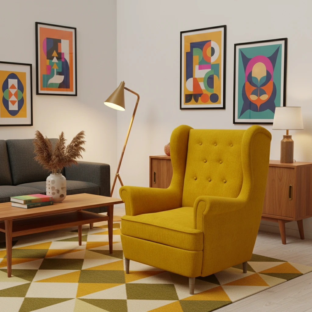 Musztardowy fotel Aros Omega 68 ustawiony w nowoczesnym wnętrzu z drewnem, lampą podłogową i abstrakcyjnymi grafikami.