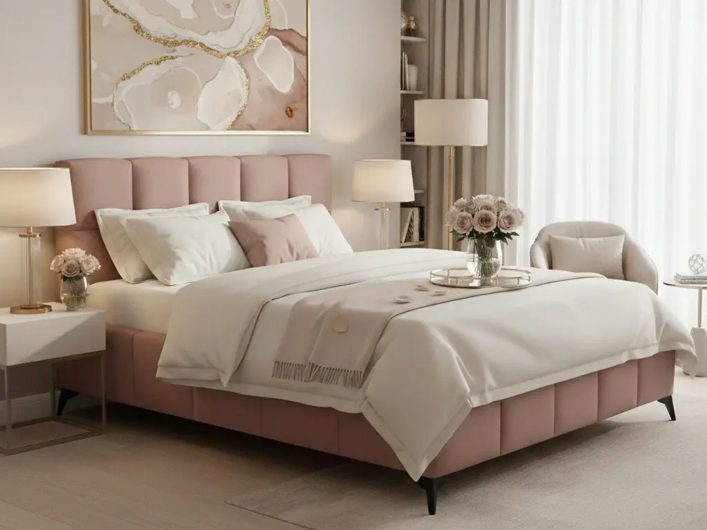 Stylowa aranżacja sypialni z łóżkiem Mist Nube 24 w pudrowym różu. Wnętrze uzupełniają lampki nocne, jasne tekstylia oraz dekoracje w delikatnych, kobiecych odcieniach.