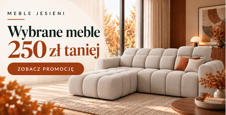 Baner Meble Jesieni z jasnym narożnikiem w jesiennej aranżacji salonu oraz komunikatem o rabacie 250 zł na wybrane meble