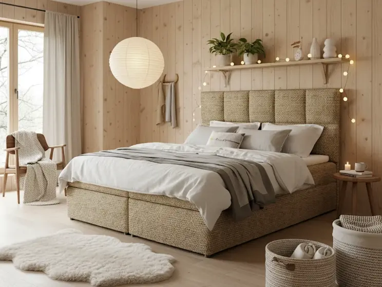 Łóżko kontynentalne Glossy Berlin 03 w przytulnej sypialni z drewnianą ścianą, tapicerowanym zagłówkiem i ciepłą aranżacją.