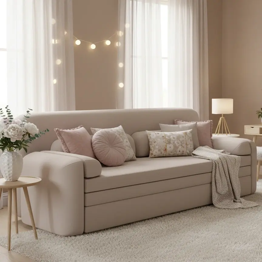 Kanapa Elioss w tkaninie Sola 18 w jasnym, przytulnym salonie z pastelowymi poduszkami, miękkim dywanem i naturalnymi dodatkami.