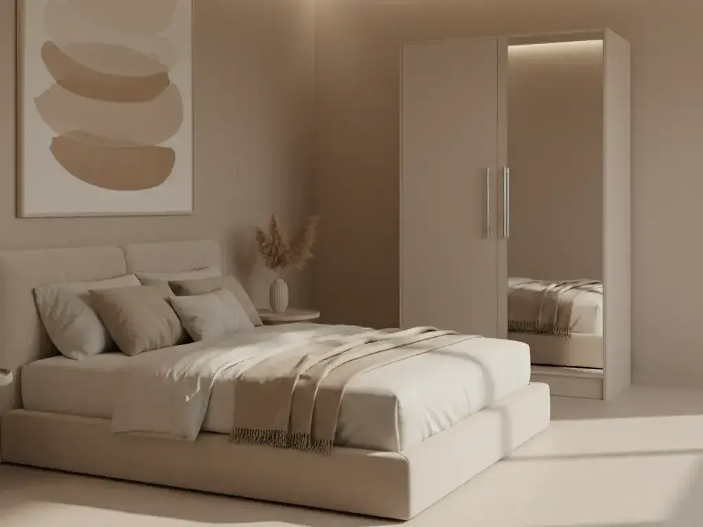 Kaszmirowa szafa Alarica II z lustrem ustawiona w nowoczesnej sypialni w odcieniach beżu, z miękkimi tekstyliami i eleganckimi dodatkami. Jasna kolorystyka oraz lustro tworzą przytulne, harmonijne wnętrze.