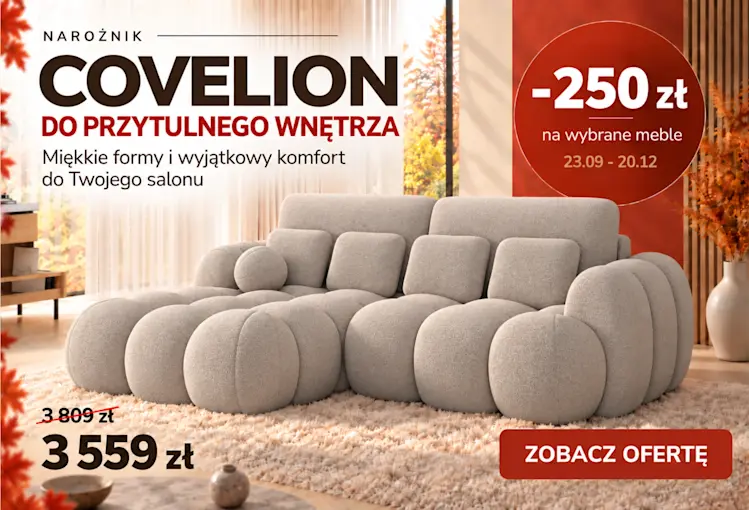 Baner Meble Jesieni z narożnikiem Covelion w jasnej tkaninie, jesienną aranżacją wnętrza i rabatem 250 zł na wybrane meble
