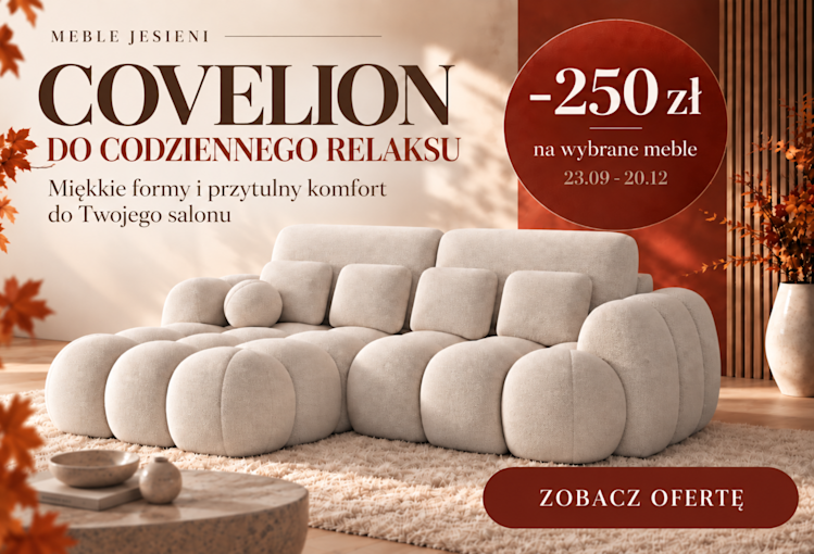 Baner Meble Jesieni z narożnikiem Covelion w jasnej tkaninie, jesienną aranżacją wnętrza i rabatem 250 zł na wybrane meble