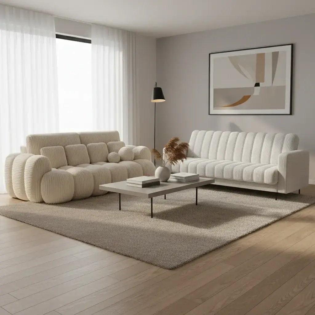 Kanapa Cotton w tkaninie Modullo 01 i kanapa Roneyy w Jarell 18 w jasnym, minimalistycznym salonie z dużym oknem i nowoczesnym obrazem.