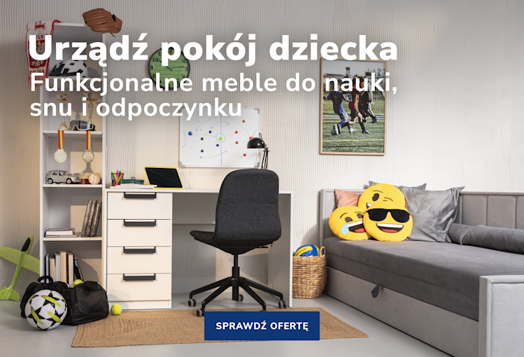 Pokój dziecięcy z biurkiem Barold, fotelem i szarą sofą Fulgeo z emoji poduszkami – funkcjonalne meble do nauki i odpoczynku