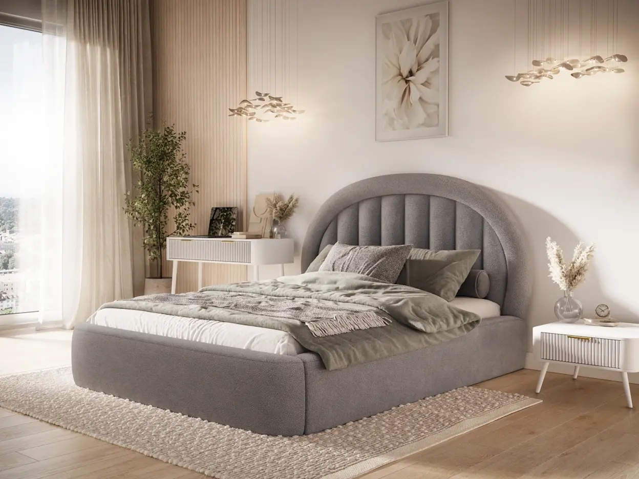 Elegancka, jasna sypialnia z łóżkiem Tapedo, miękkimi tkaninami i naturalnymi materiałami tworzącymi spokojną przestrzeń.