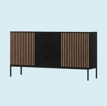 Komoda Meorati w czerni z lamelowymi frontami. Nowoczesny design i praktyczne szuflady czynią ją idealnym meblem do salonu lub jadalni.