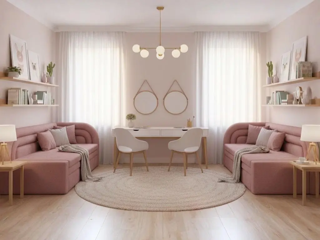 Stylowe kanapy Fabillo Touch 24 w delikatnym pokoju rodzeństwa, z jasnymi zasłonami, okrągłym dywanem i lekkimi dodatkami.