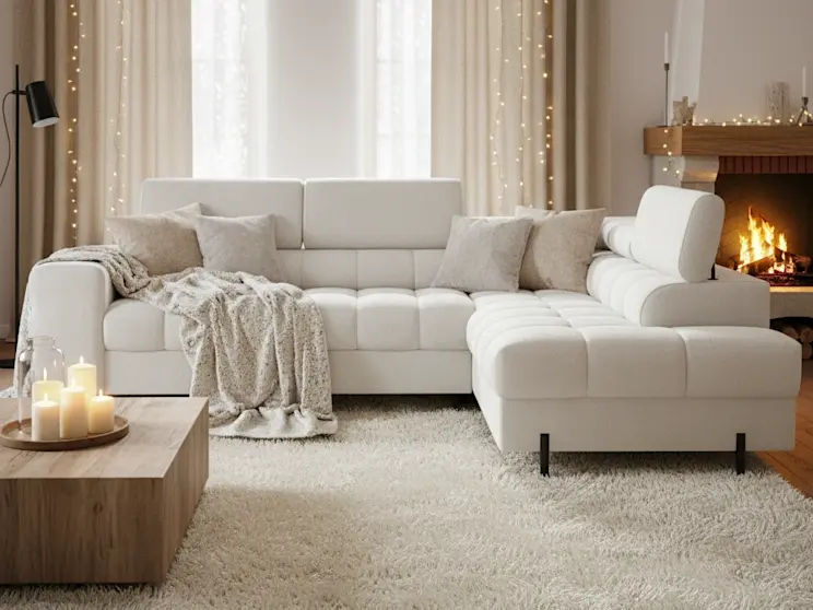 Jasny narożnik Ferucce Amore 01 w przytulnym wnętrzu z kominkiem, dekoracyjnymi lampkami i miękkim dywanem, idealny dla rodzin.