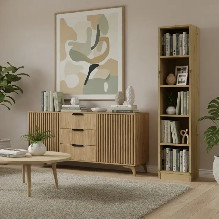 Komoda Entsian i regał Craft w naturalnym, jasnym salonie z roślinami, drewnianym stolikiem i dużą abstrakcyjną grafiką na ścianie.