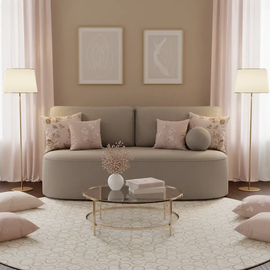 Kanapa Lilana w tkaninie Sola 18 w pastelowym salonie z różowymi poduszkami, złotymi lampami i okrągłym dywanem o subtelnym wzorze.