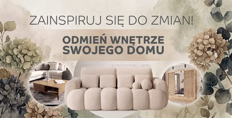 Baner z jasną sofą Cotonn, stolikiem kawowym Entsian i szafą Voodi III z lustrami. Delikatne motywy roślinne oraz stonowana kolorystyka podkreślają aktualne trendy w projektowaniu przyjaznych wnętrz