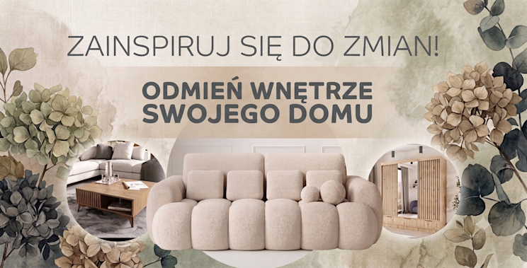 Baner z jasną sofą Cotonn, stolikiem kawowym Entsian i szafą Voodi III z lustrami, prezentujący inspiracje do odświeżenia domowego wnętrza