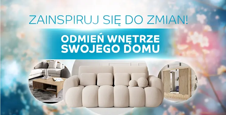 Baner z jasną sofą Cotonn, stolikiem kawowym Entsian i szafą Voodi III z lustrami, prezentujący inspiracje do odświeżenia domowego wnętrza