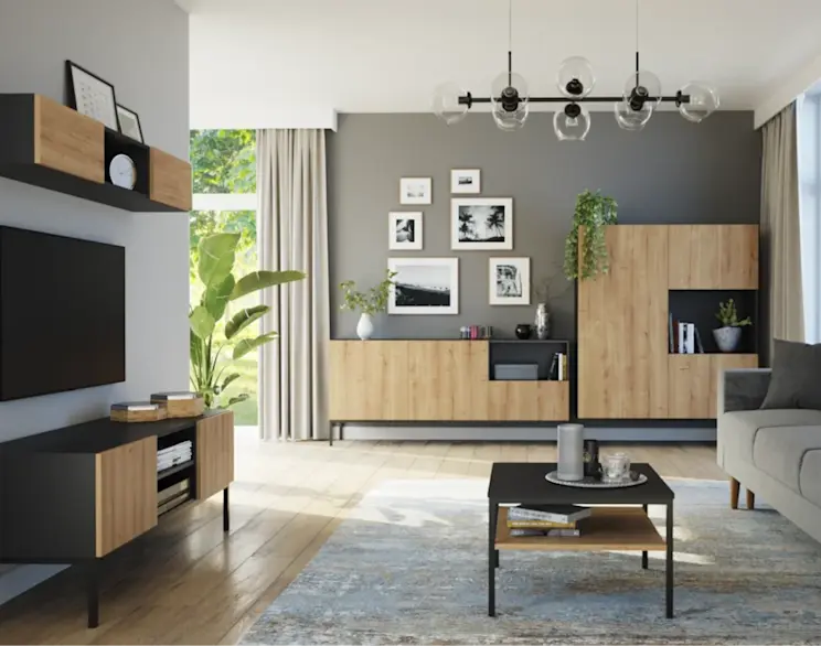 Szafka RTV Lanzzi, półka Lanzzi, komoda Lanzzi i kanapa Asgard w stylowym salonie z drewnianymi akcentami, szarościami i dużymi przeszkleniami.