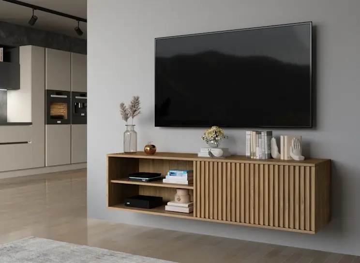 Szafka RTV wisząca Entsian pod telewizorem – aranżacja frontowa.