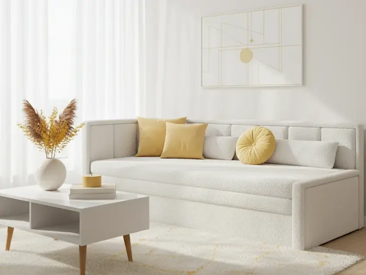 Lewostronna kanapa Fulgeo w tkaninie Royal 01 w jasnym odcieniu, zaprezentowana w słonecznym salonie z żółtymi dodatkami.