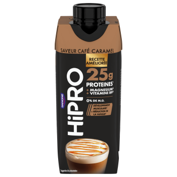 Découvrez notre délicieuse boisson UHT protéinée HiPRO Saveur Café-Caramel, avec 25g de protéines et sans matières grasses. A emporter partout avec vous grâce à sa formule ambiante !