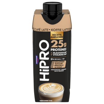 Découvrez notre délicieuse boisson UHT protéinée HiPRO Saveur Café-Latte, avec 25g de protéines et sans matières grasses. A emporter partout avec vous grâce à sa formule ambiante !