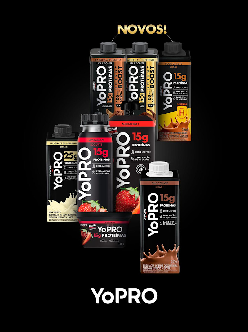Mostruário com antigos e novos sabores de YoPRO. Boost com 100mg de cafeína e Doce de leite Havanna.