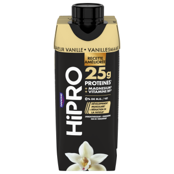 Découvrez notre délicieuse boisson UHT protéinée HiPRO Saveur Vanille, avec 25g de protéines et sans matières grasses. A emporter partout avec vous grâce à sa formule ambiante !