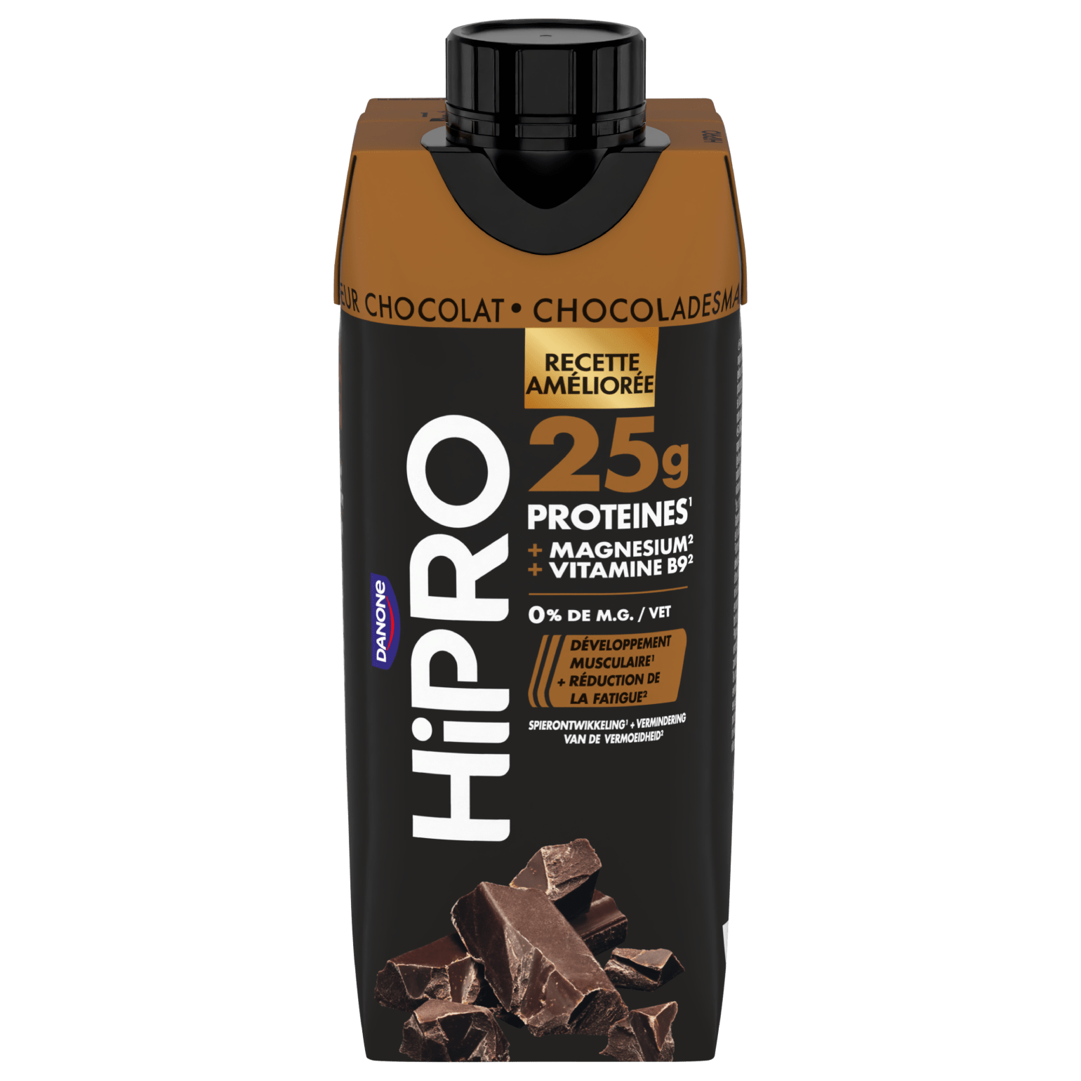 Découvrez notre délicieuse boisson UHT protéinée HiPRO Saveur chocolat, avec 25g de protéines et sans matières grasses. A emporter partout avec vous grâce à sa formule ambiante !