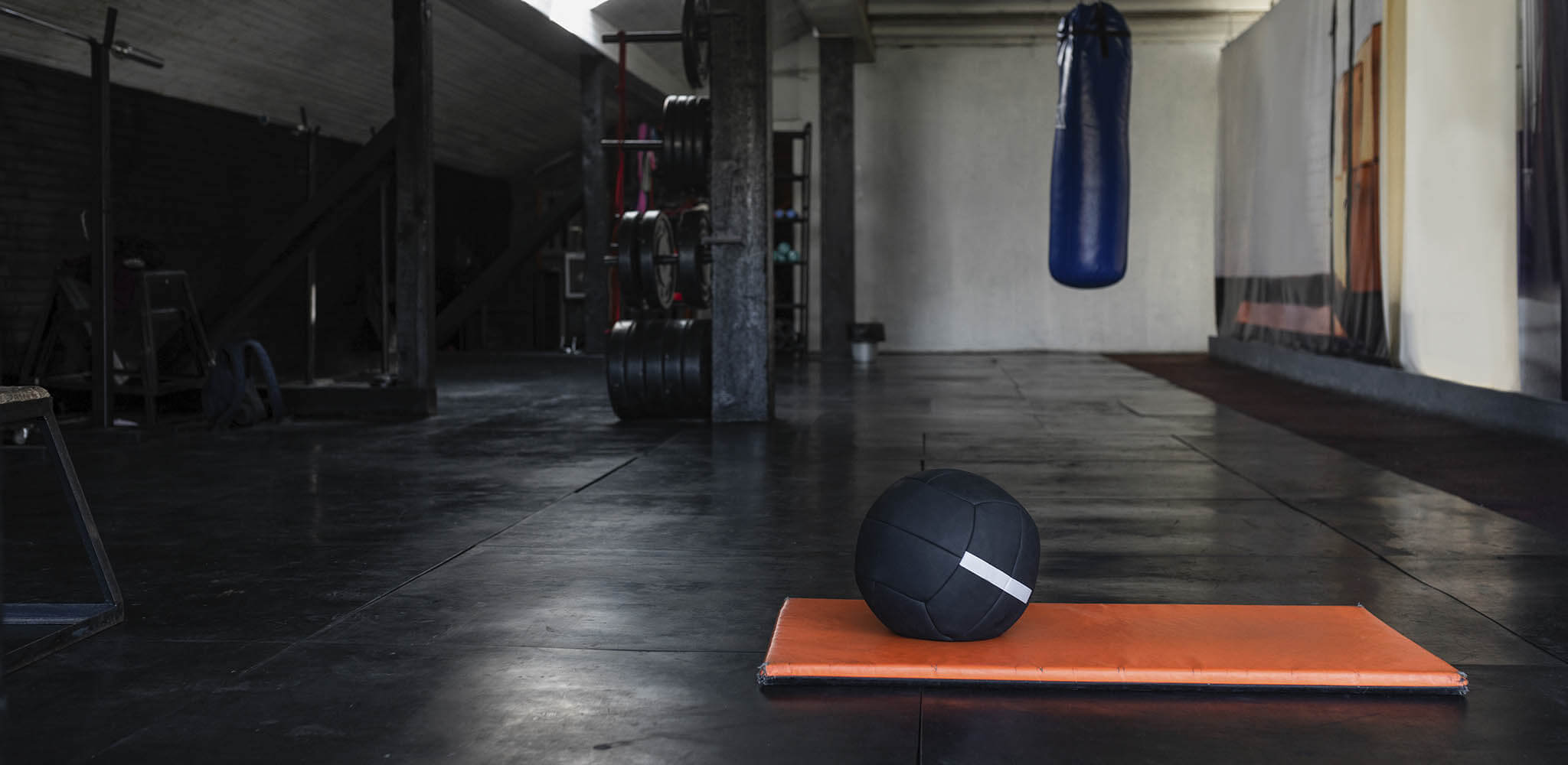 Equipamentos em uma academia, como bola e saco de pancada