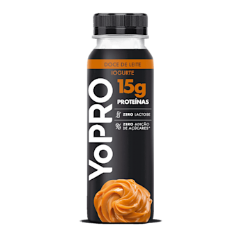 Iogurte YoPRO Zero lactose e 15g de Proteína sabor doce de leite. Todos os nutrientes necessários para o seu pré ou pós-treino em uma garrafinha. Experimente!