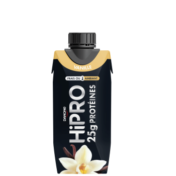 Découvrez notre délicieuse boisson UHT protéinée HiPRO Saveur Vanille, avec 25g de protéines et sans matières grasses. A emporter partout avec vous grâce à sa formule ambiante !