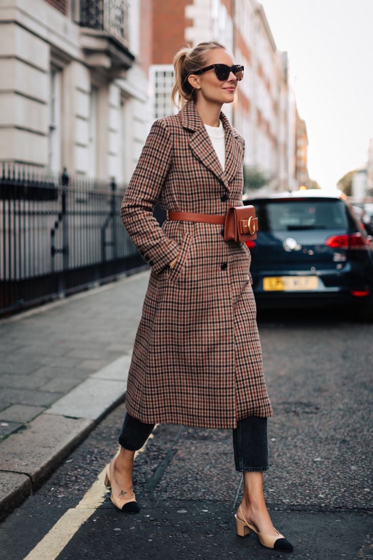 Blonde Woman Wearing Plaid Wool Coat Black Ankle Jeans Chanel Slingbacks Parisa Wang Brown Belt Bag Fashion Jackson San Dieg