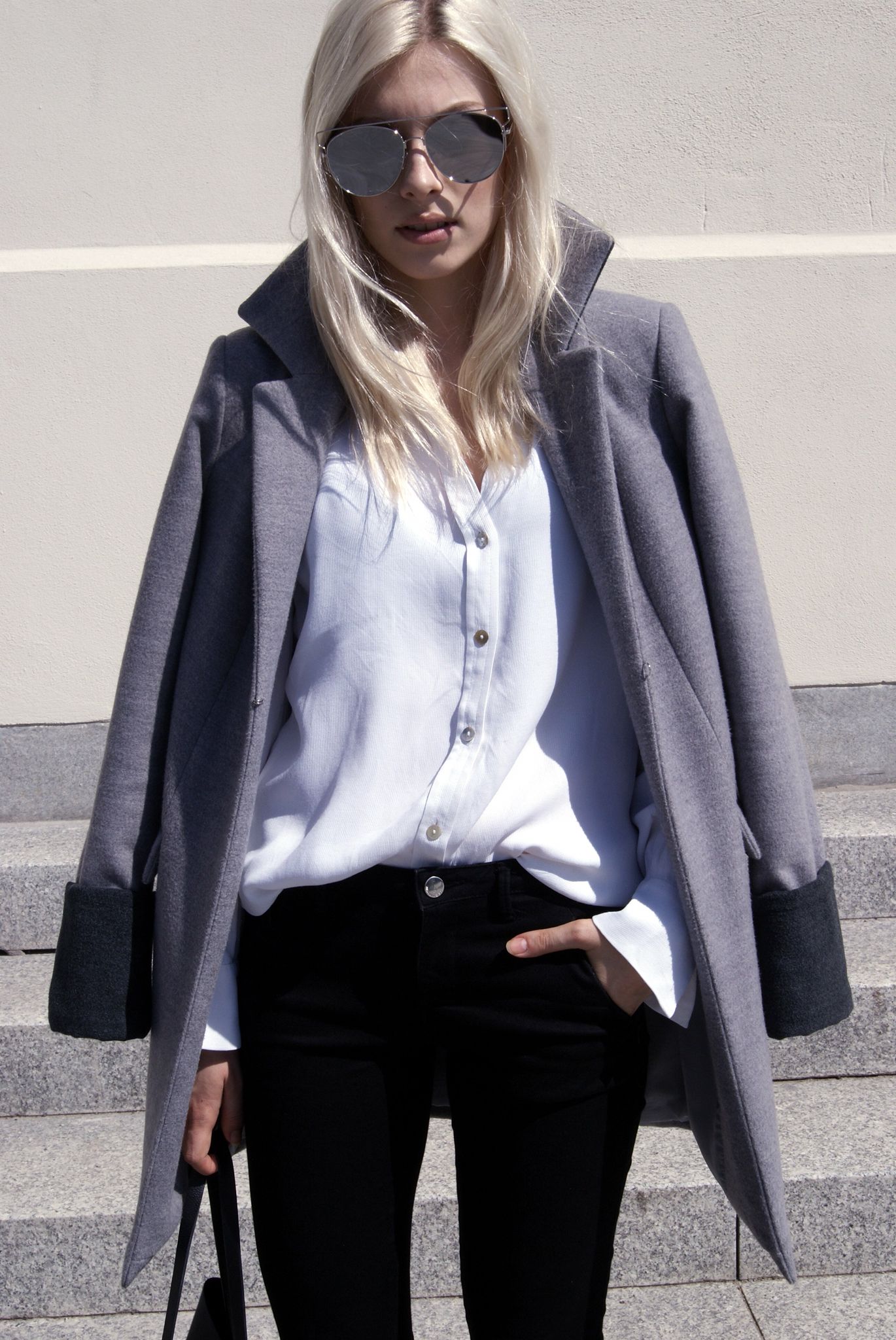 #coat #grey #black #trousers #sunglasses #white #hair #boots #jgprestige #ss16 #collection #outfit #blog #blogger #look #fashion #street #style #biznes #woman #sun #blond #hair #bag #boots #architecture
