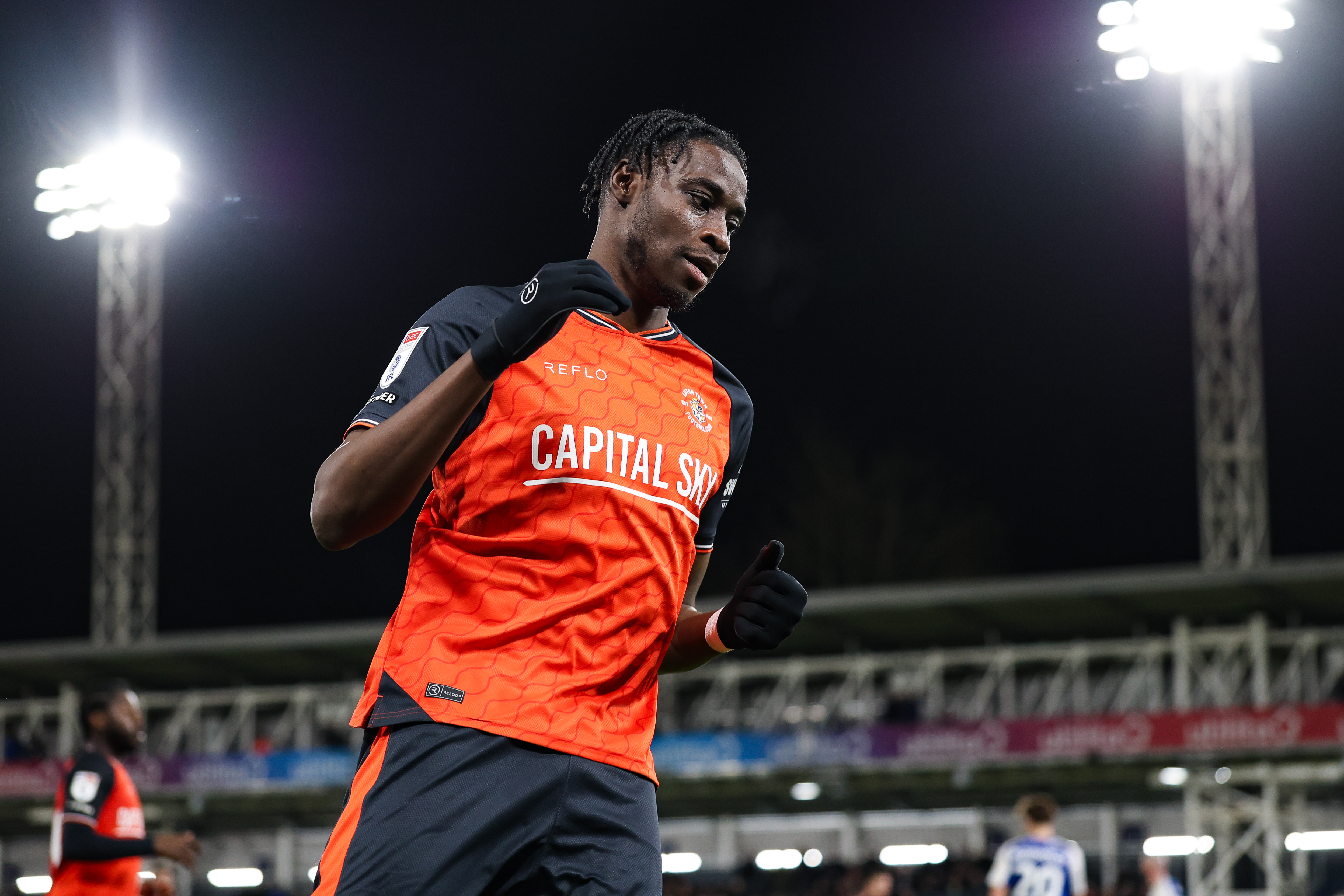 Elijah Adebayo during the League One game against Exeter at Kenilworth Road.