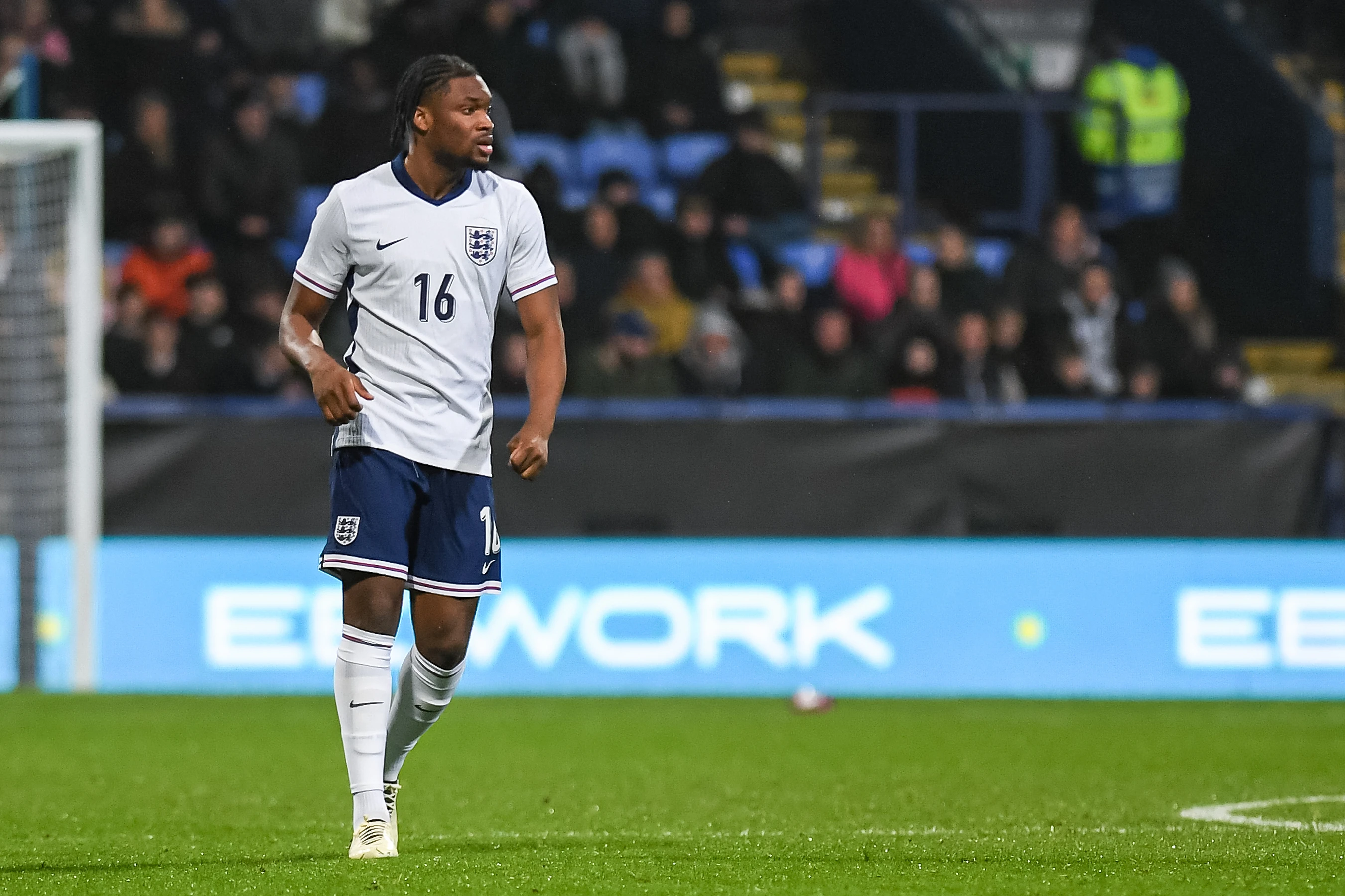 Teden Mengi in action for England U21s on his debut in the 7-0 win over Luxembourg at Bolton in March 2024