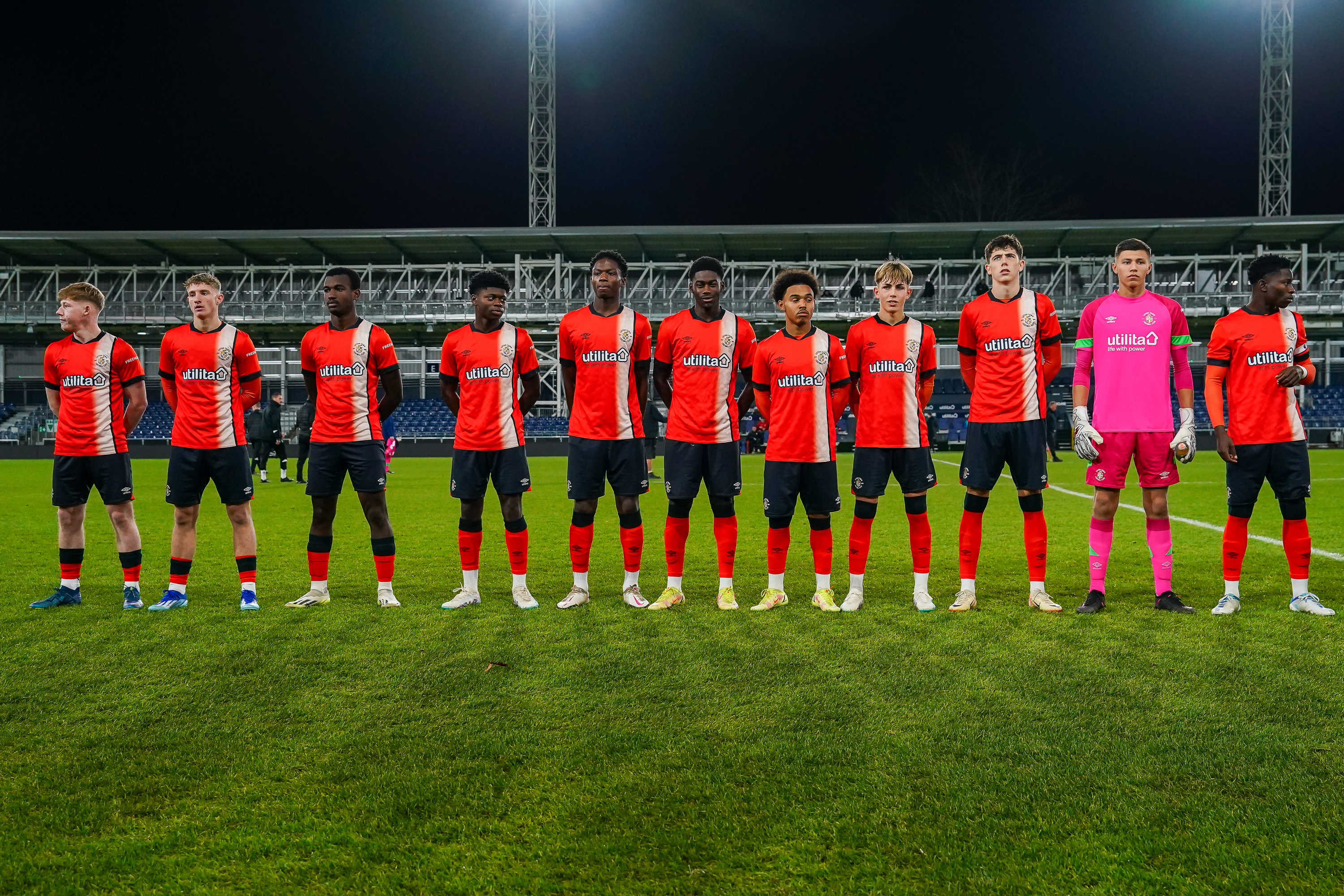 The Hatters Under-18s line up before kick-off in their FA Youth Cup tie against Swindon at Kenilworth Road in December 2023