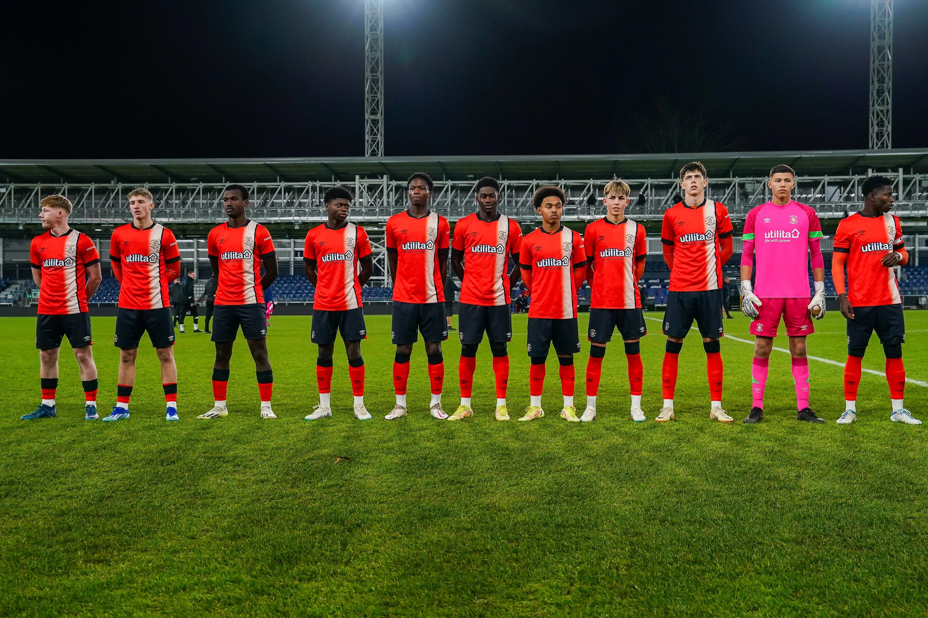 The Hatters Under-18s line up before kick-off in their FA Youth Cup tie against Swindon at Kenilworth Road in December 2023