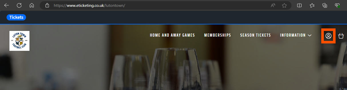 https://www.eticketing.co.uk/lutontown/ with the account icon highlighted