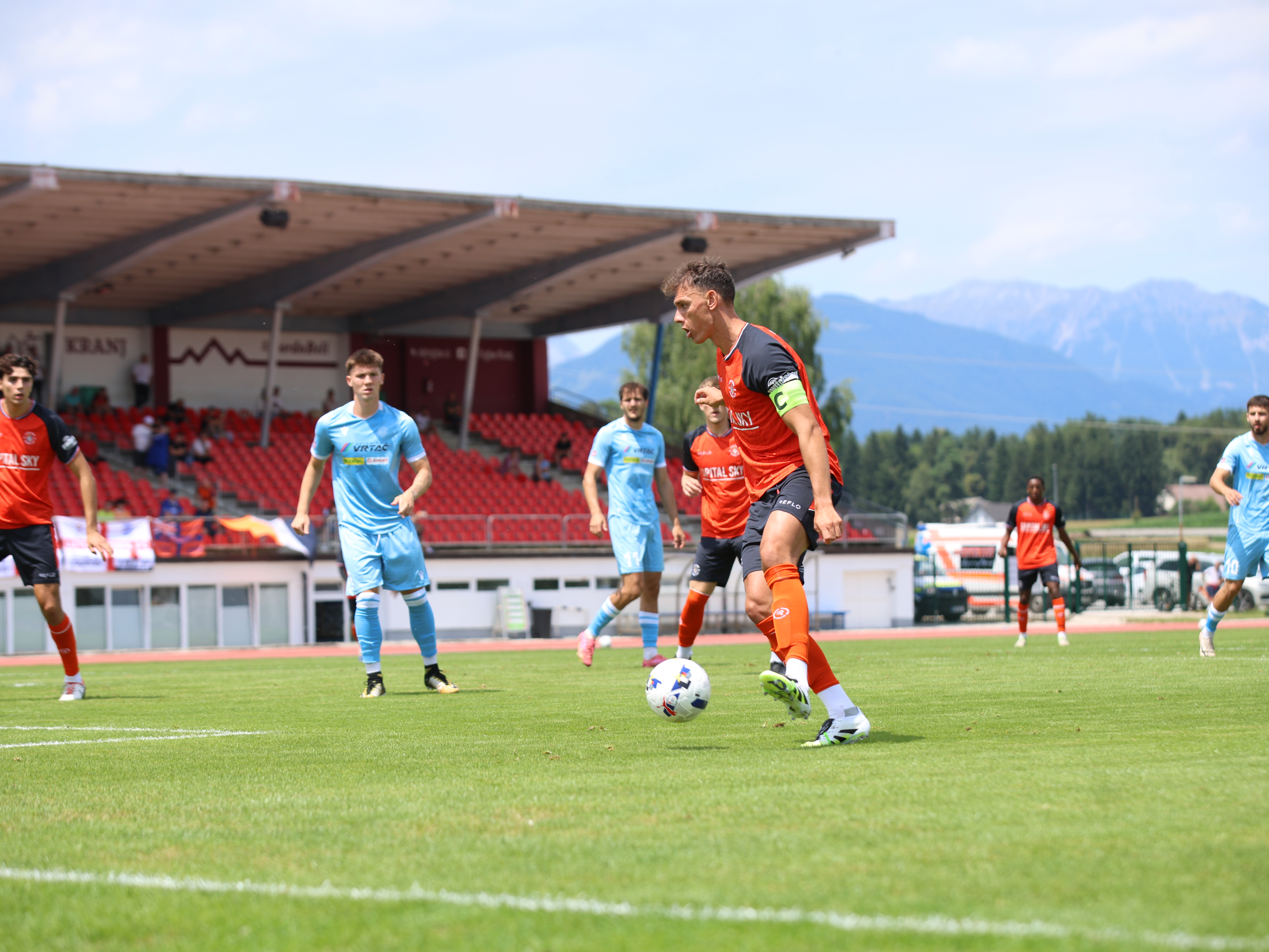 Kal Naismith on the ball during the Town's 8-1 pre-season friendly win over NK Triglav Kranj in Slovenia.