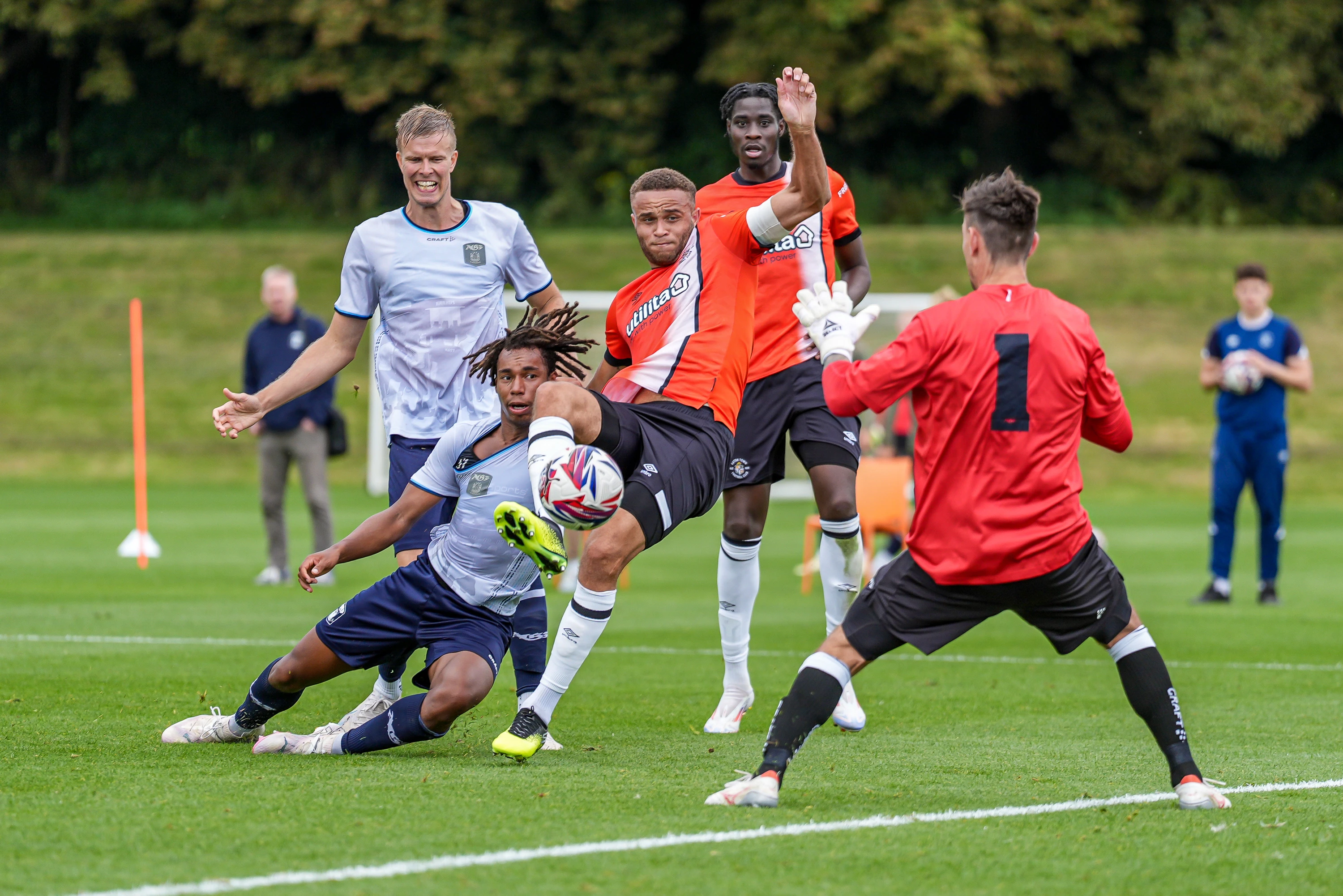 Carlton Morris nips in to score the Hatters' goal in a 2-1 defeat to Danish side AGF