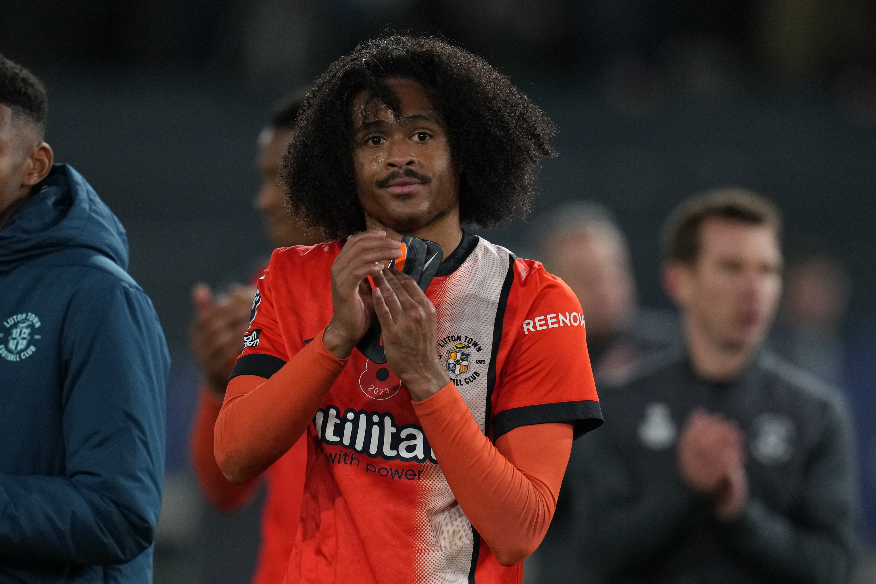Tahith Chong applauds the fans after the 1-1 draw with Liverpool in which he scored the 2023/24 goal of the season.